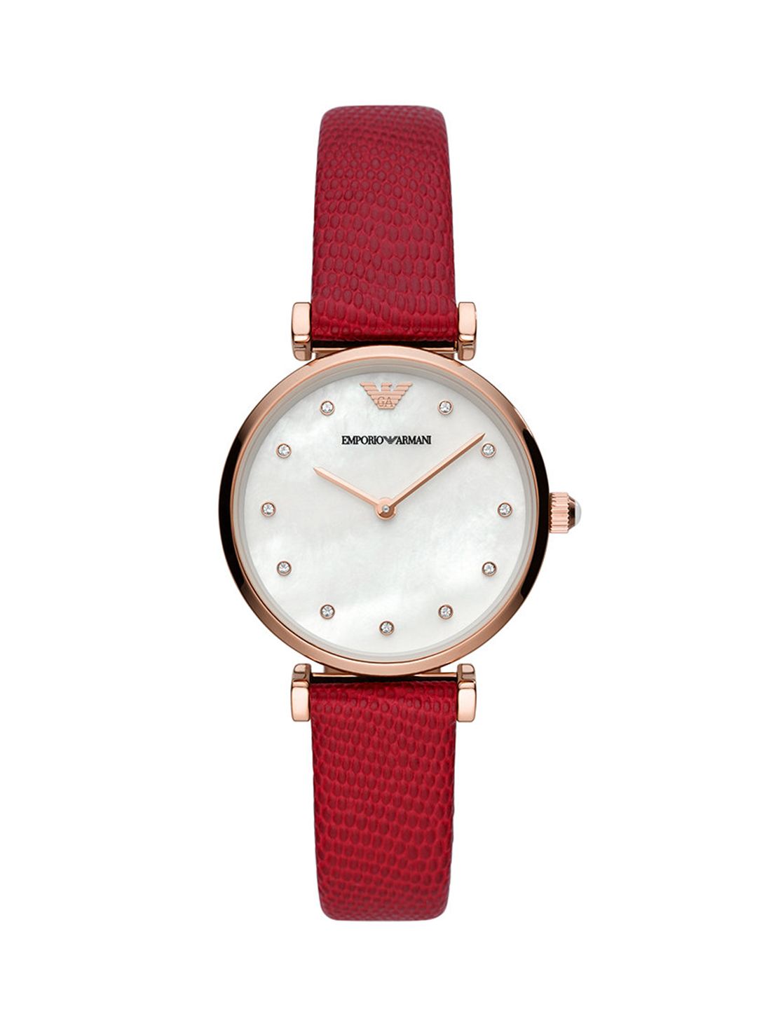 Emporio Armani Women White Dial & Red Leather Textured Straps Analogue Watch AR11388 Price in India