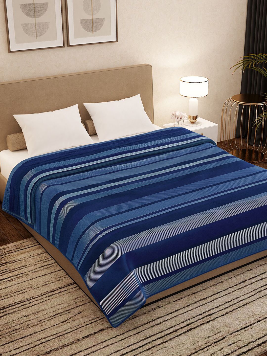 Story@home Blue Striped AC Room 400 GSM Light Weight Double Bed Blanket Price in India