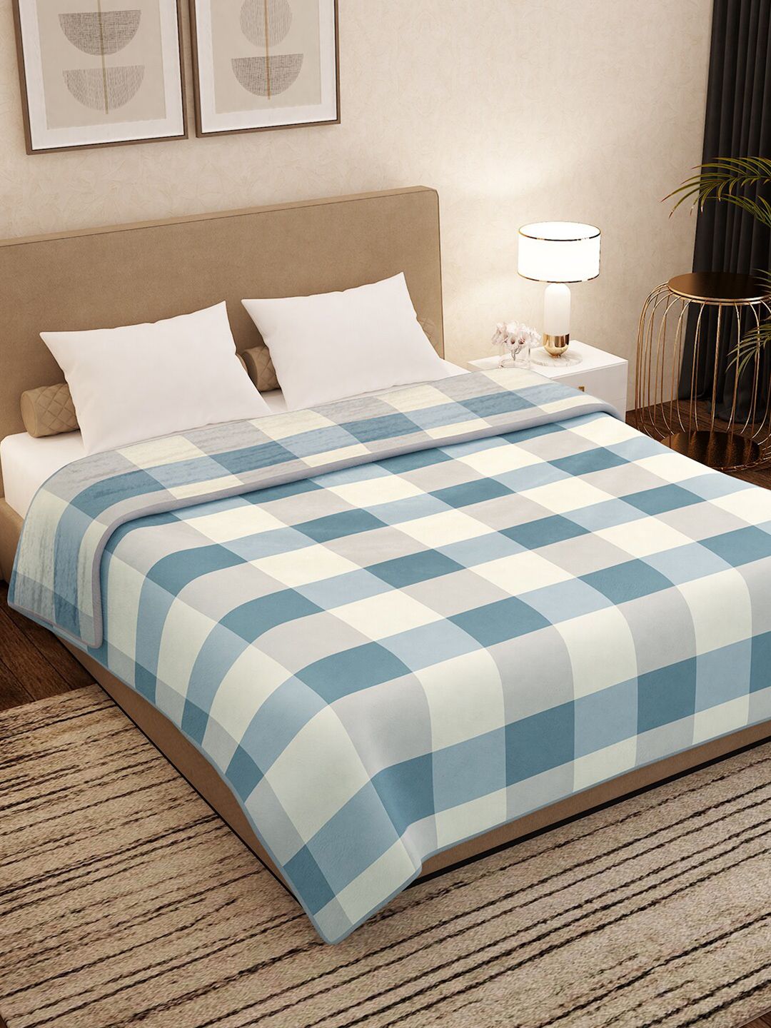 Story@home Blue & White Checked AC Room 400 GSM Light Weight Double Bed Blanket Price in India