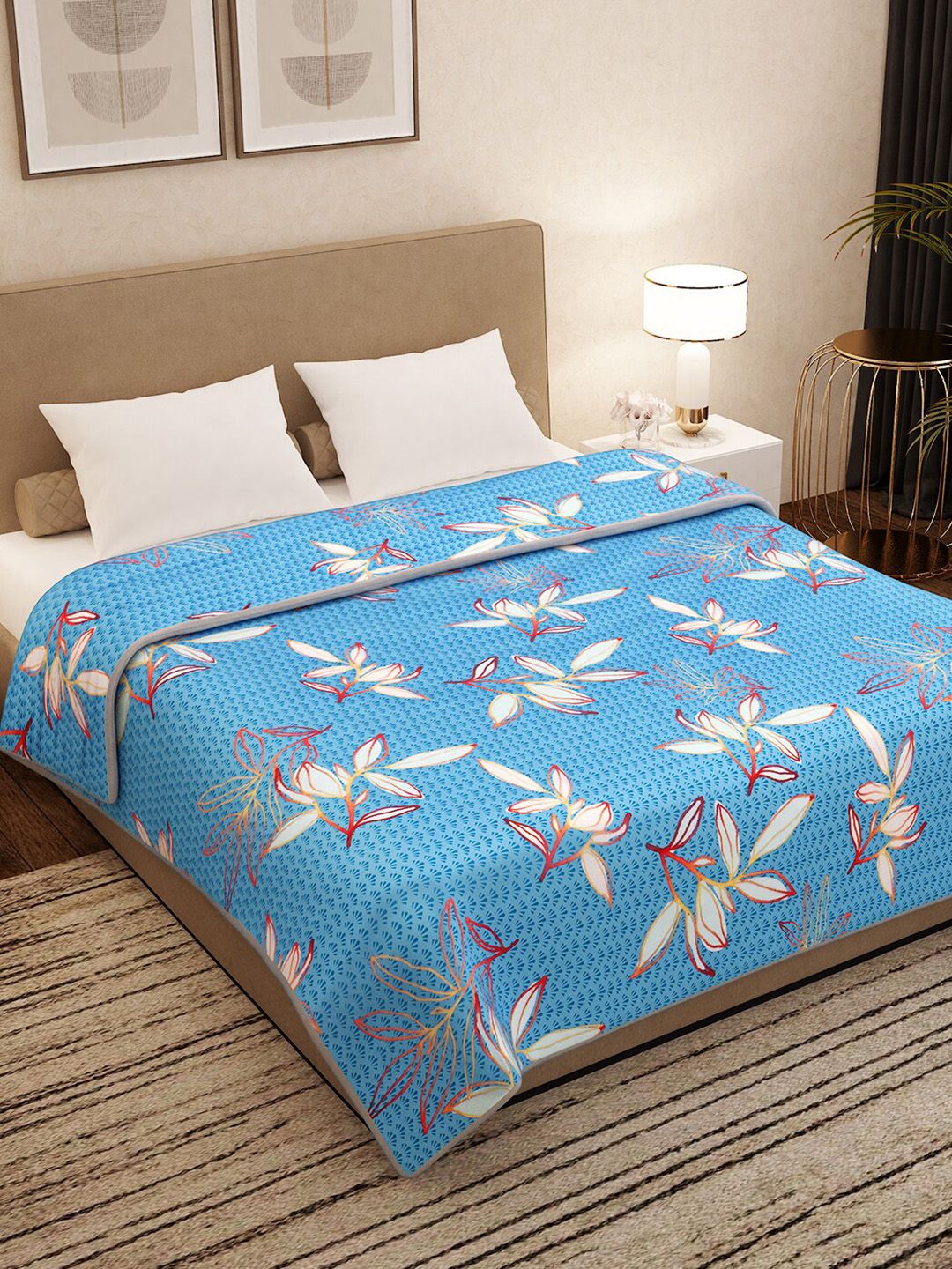 Story@home Blue Floral Printed AC Room 400 GSM Light Weight Double Bed Blanket Price in India