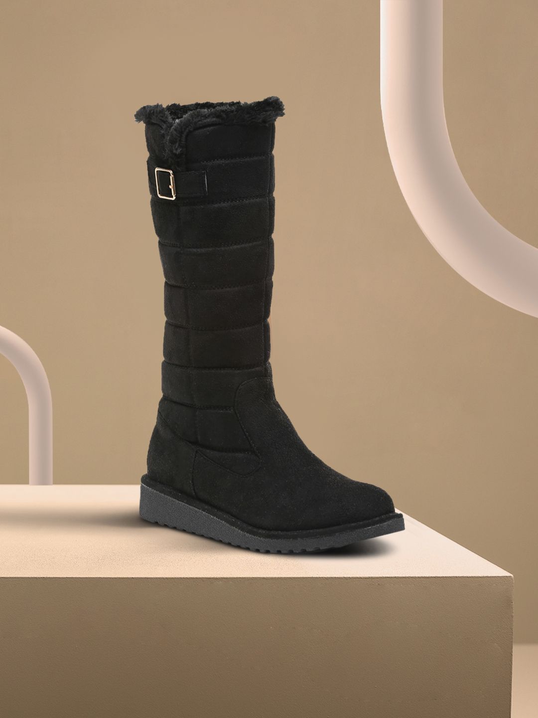 Flat n Heels Women Black Textured Suede High-Top Heeled Boots Price in India