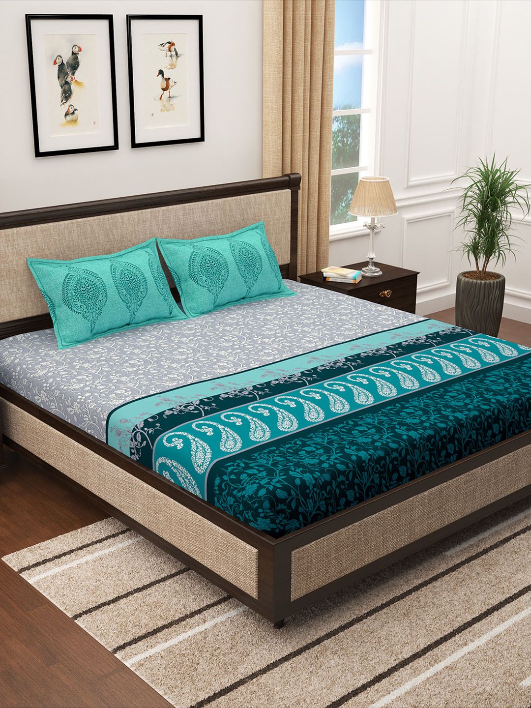 Story@home Turquoise Blue Floral Printed 300 TC King Size Bedsheet With 2 Pillow Cover Price in India