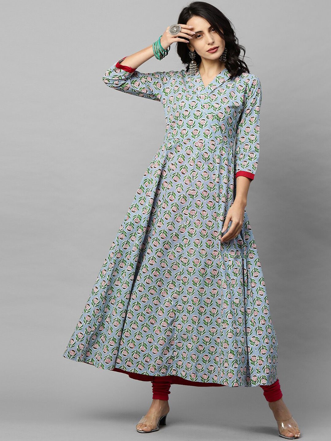 FASHOR Women Blue & Green Ethnic Motifs Printed Cotton Maxi Dress