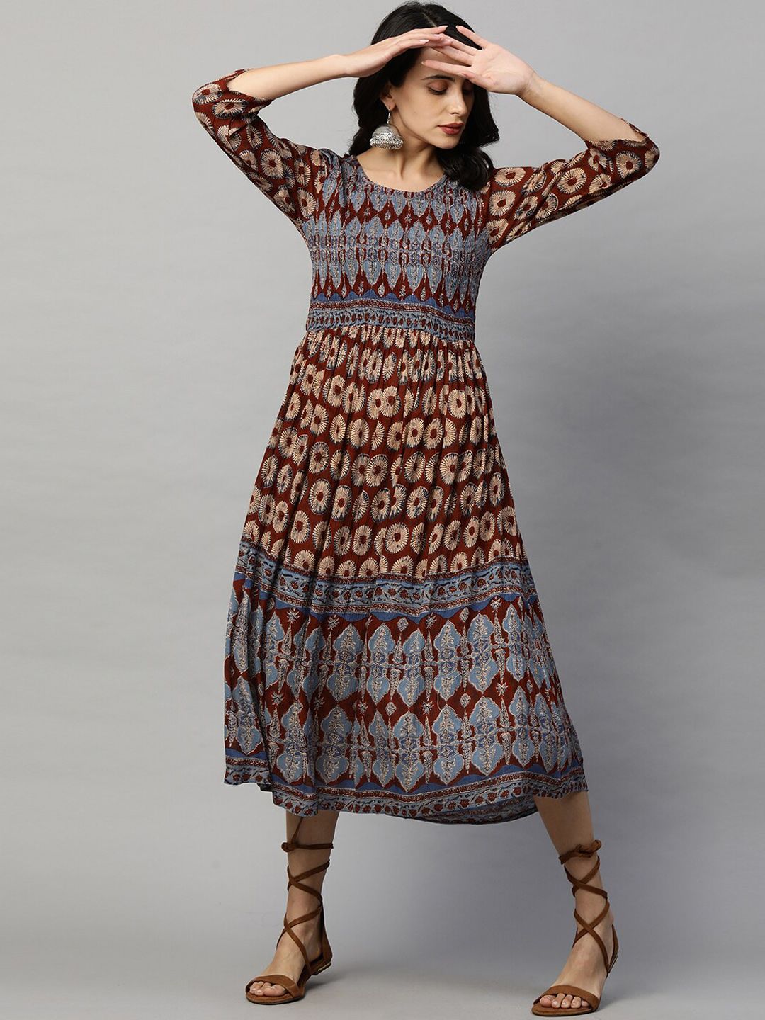 FASHOR Women Maroon & Blue Ethnic Motifs Printed Smocked Midi Dress