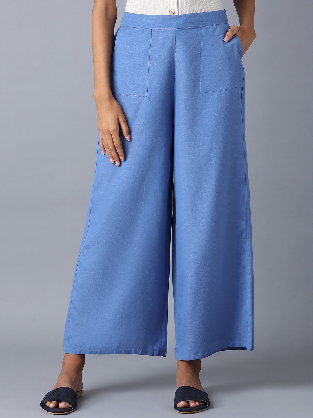 W Women Blue Solid Wide Leg Palazzo Price in India
