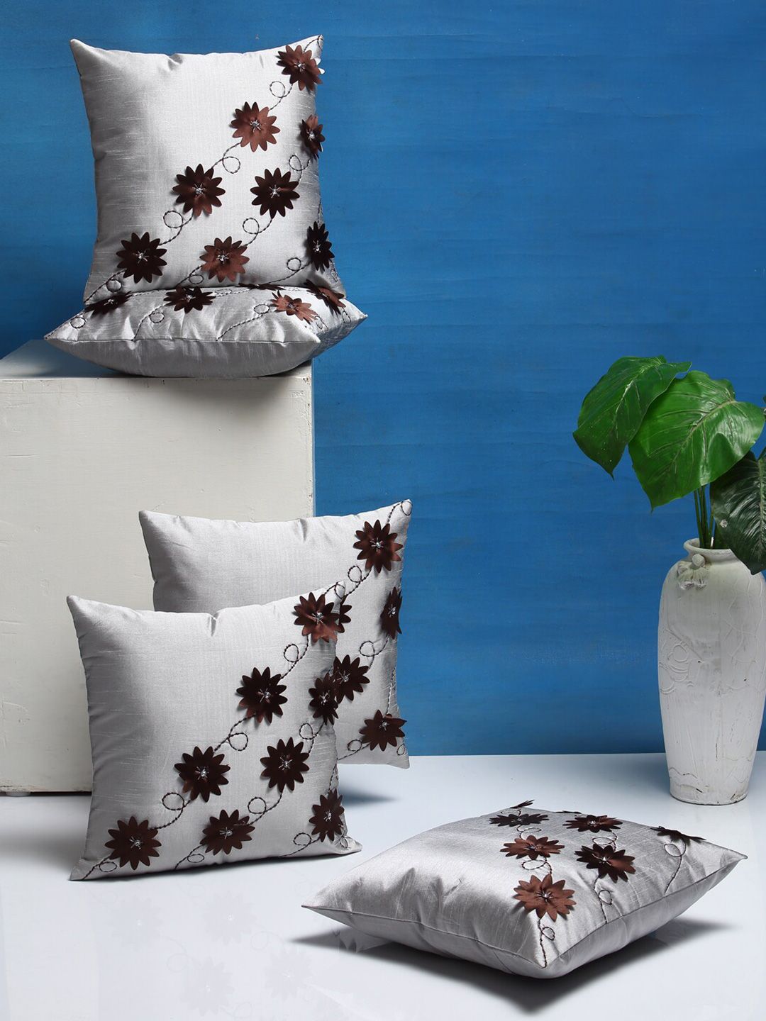 DREAM WEAVERZ Silver-Toned  Brown Set of 5 Floral Square Cushion Covers Price in India