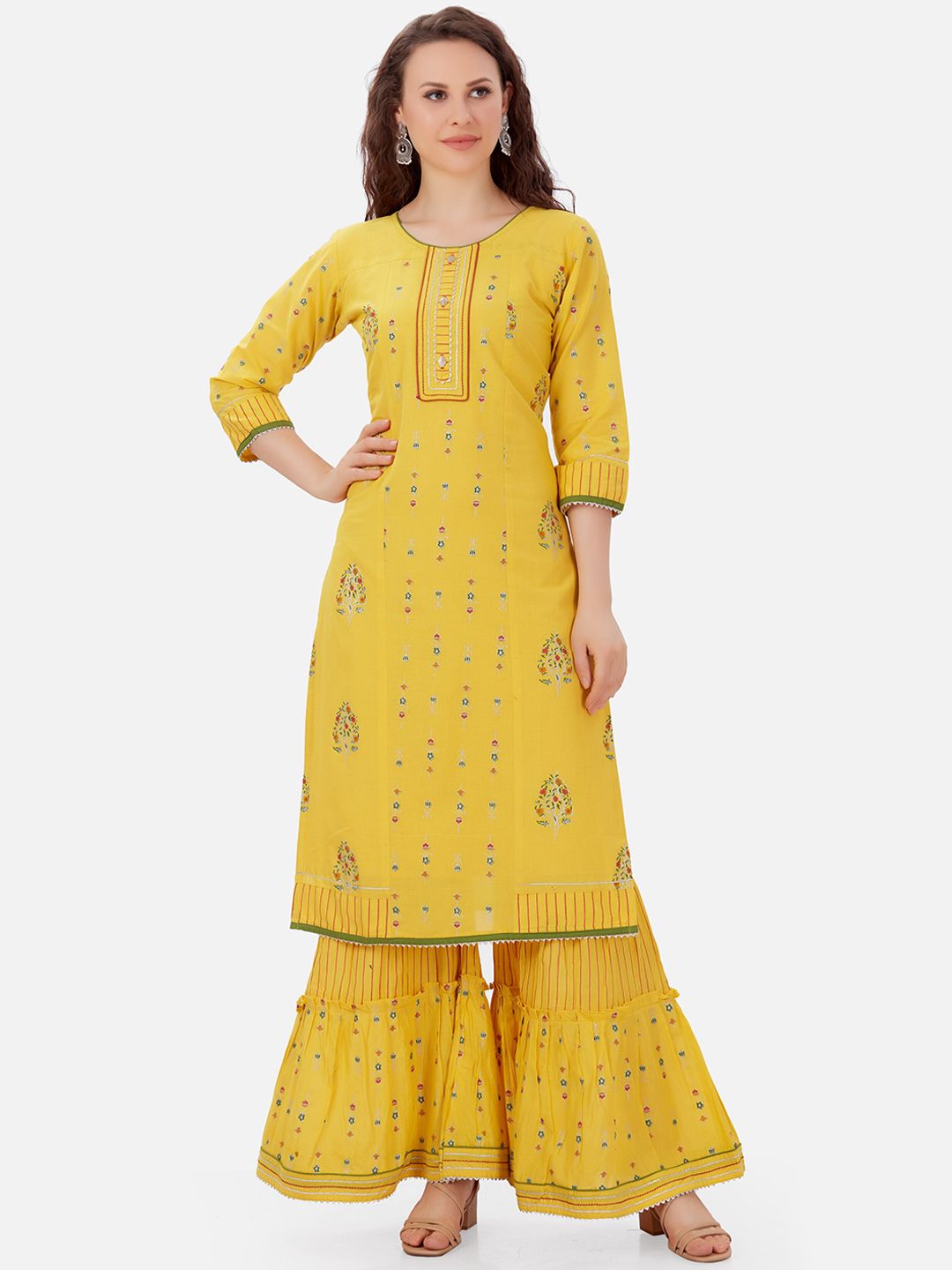 Kiana Women Yellow Pure Cotton Ethnic Motifs Printed Kurta with Sharara