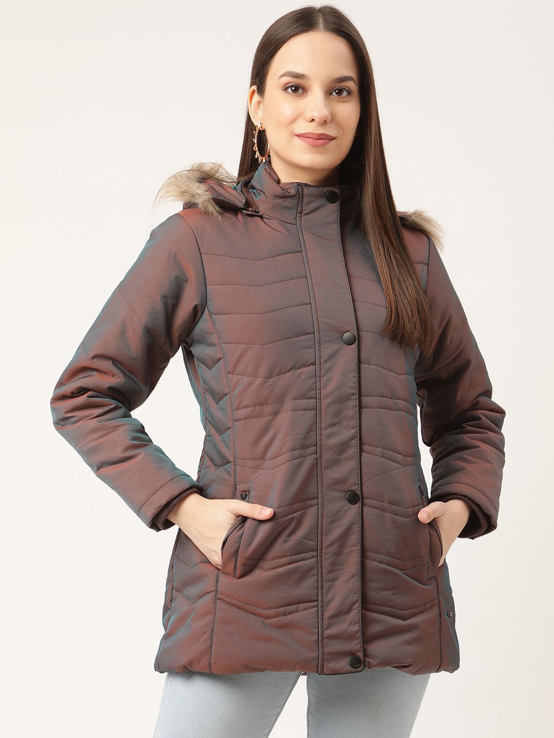 Duke Women Brown & Blue Dual-Toned Parka Jacket with Detachable Hood Price in India