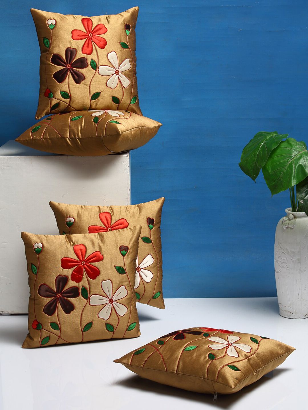 DREAM WEAVERZ Camel Brown Set of 5 Floral Embroidered Square Cushion Covers Price in India