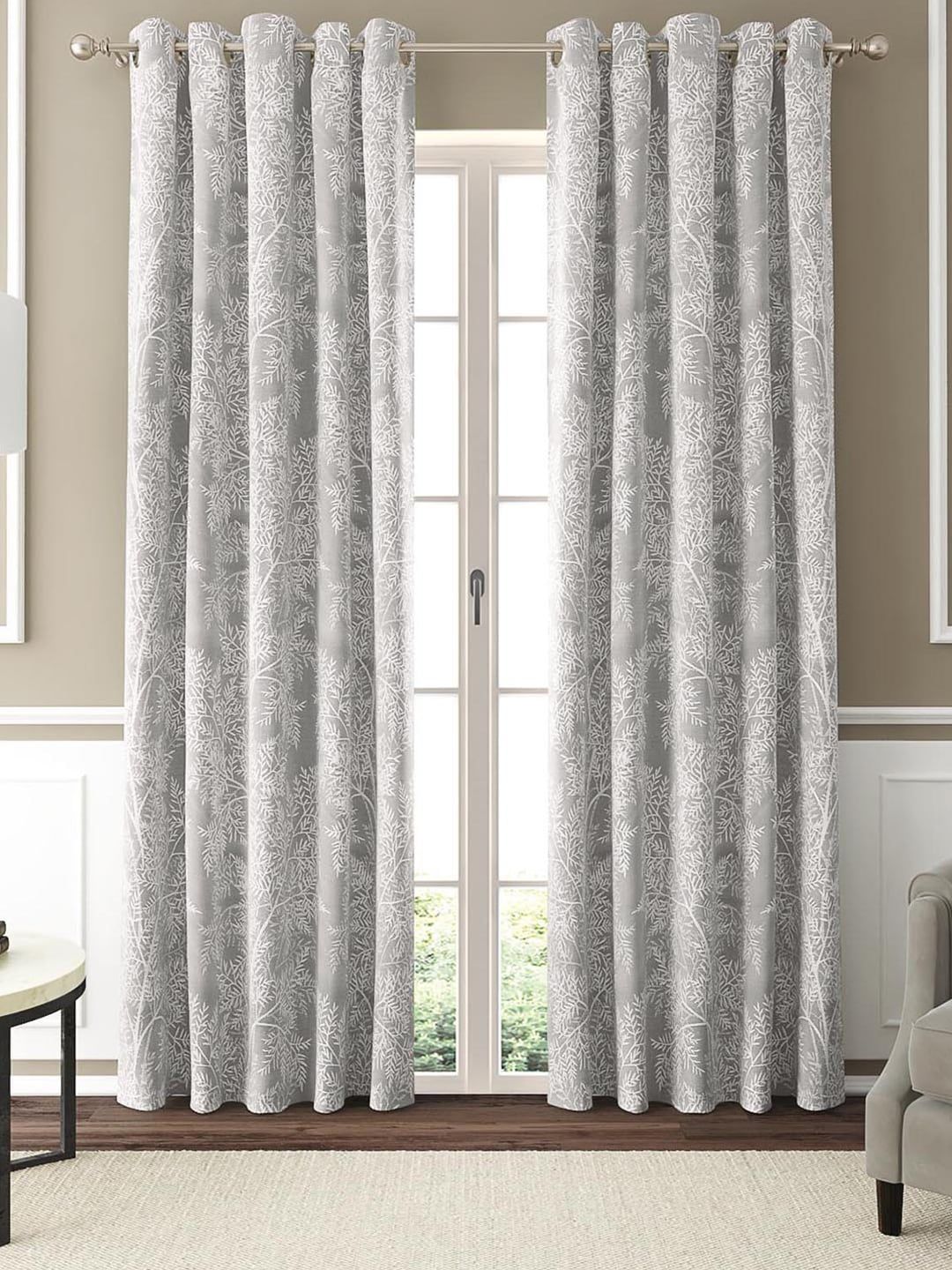 GM Grey & White Set of 2 Floral Room Darkening Door Curtains Price in India