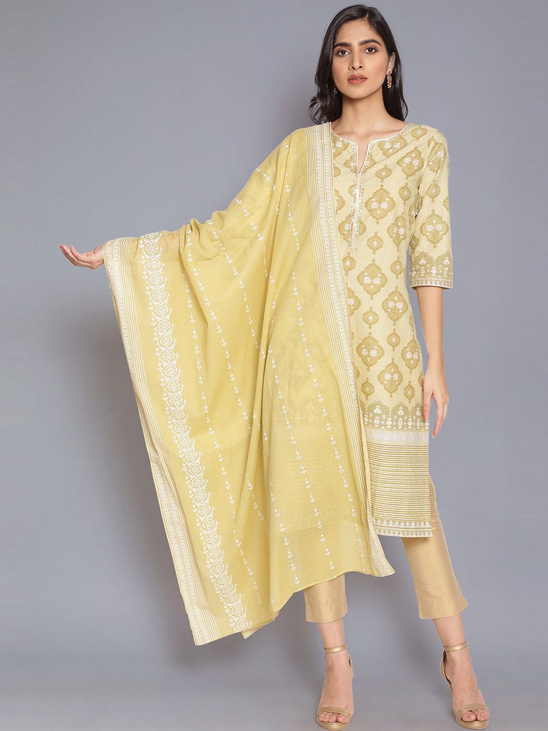 W Women Yellow & White Woven Design Pure Cotton Dupatta with Zari Price in India