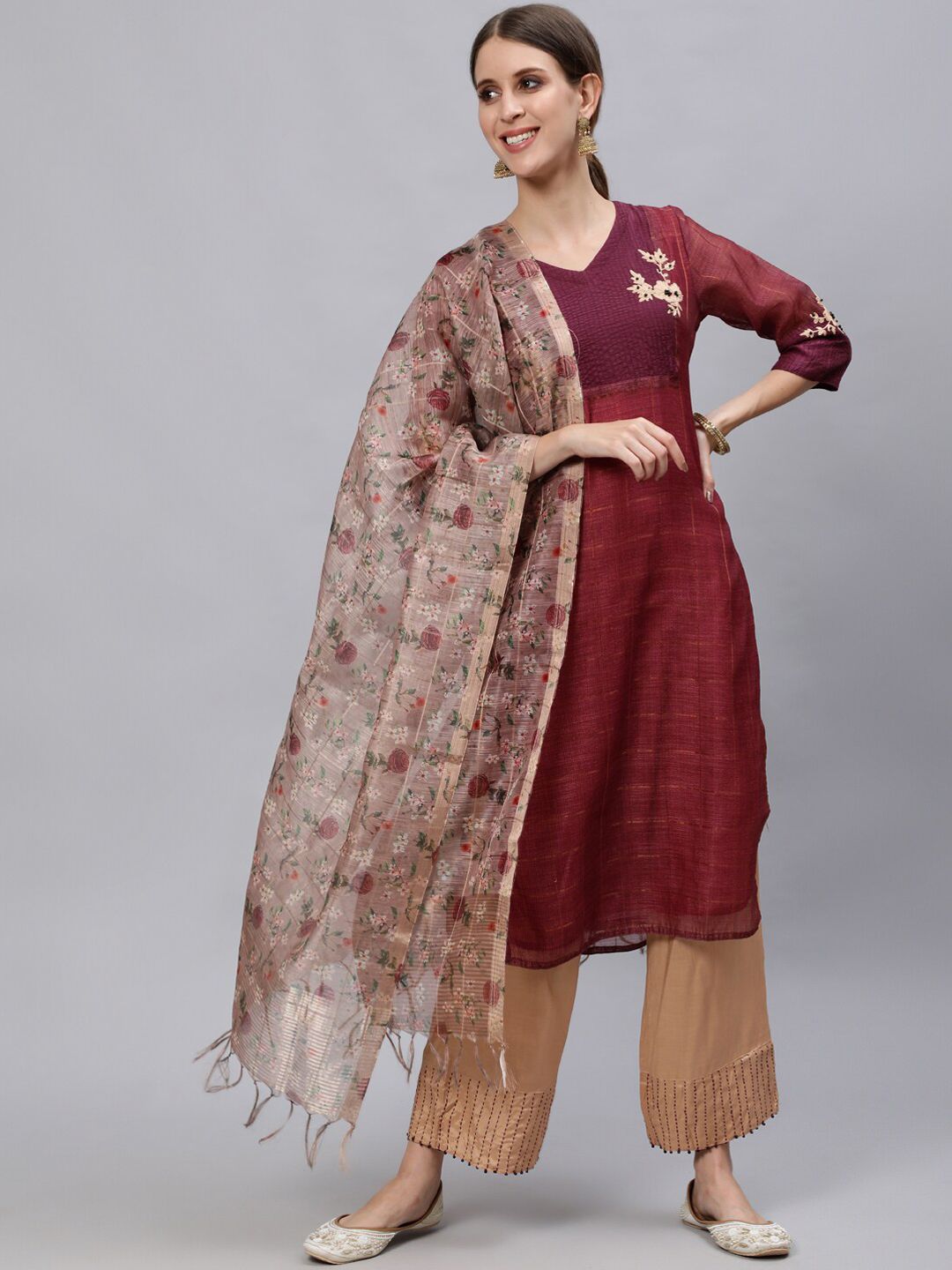 Jaipur Kurti Women Magenta Regular Thread Work Chanderi Silk Kurta with Trousers & With Dupatta Price in India