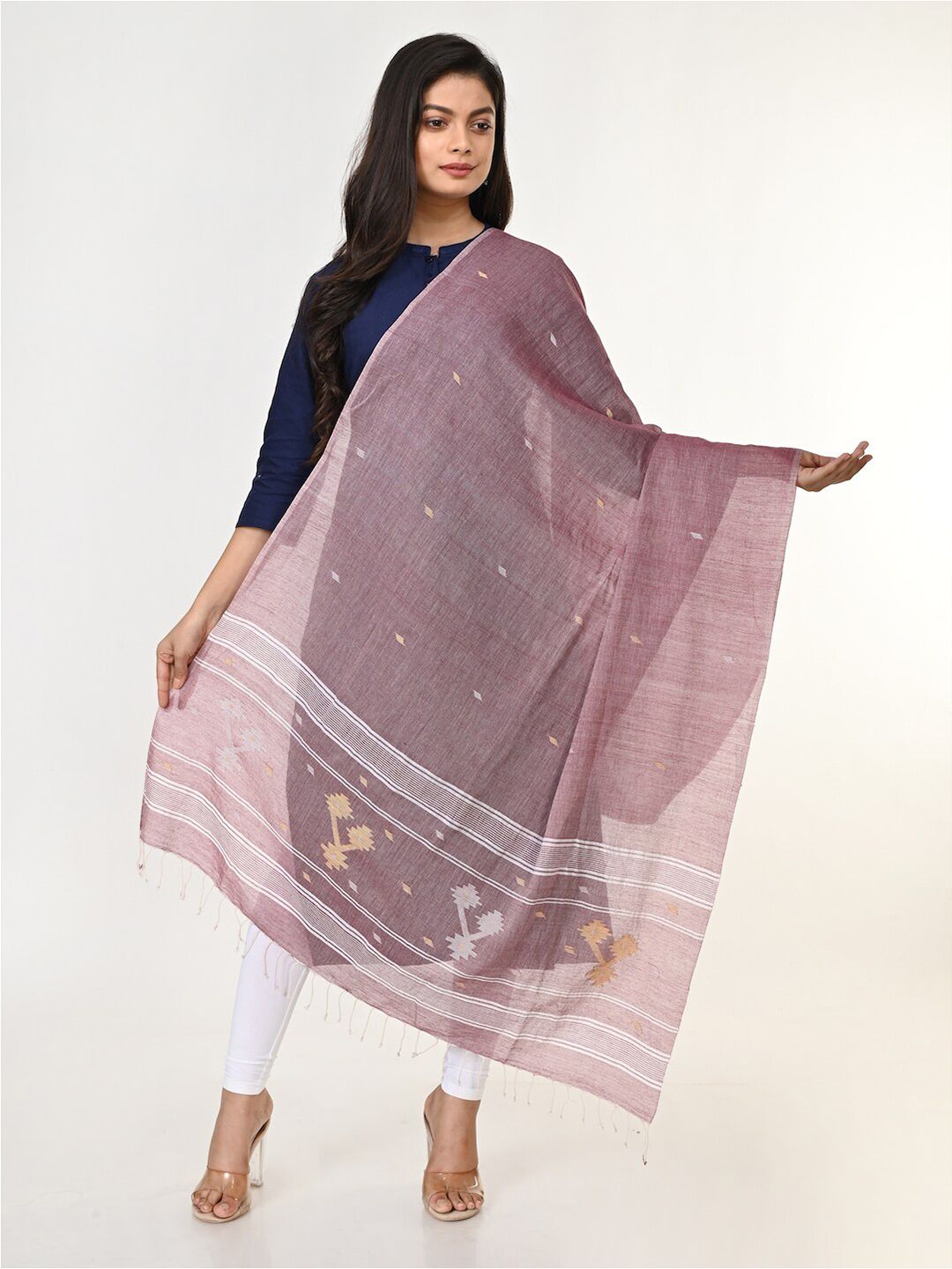 ArtEastri Pink & White Woven Design Pure Cotton Dupatta Price in India