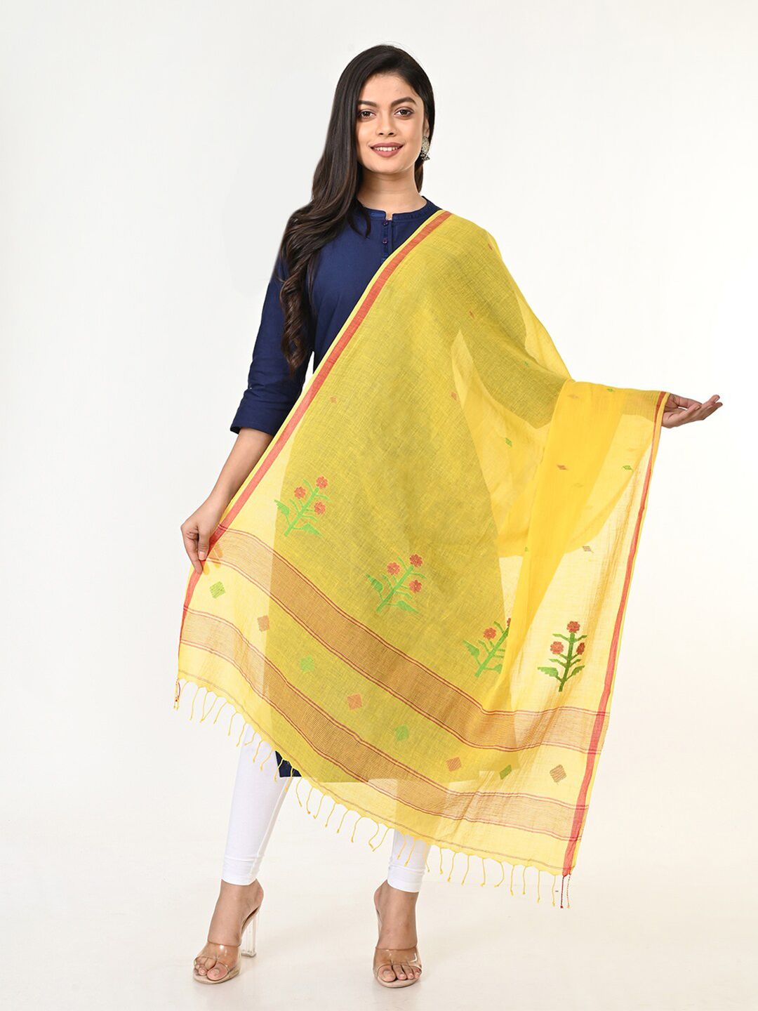 ArtEastri Yellow & Orange Woven Design Pure Cotton Dupatta Price in India