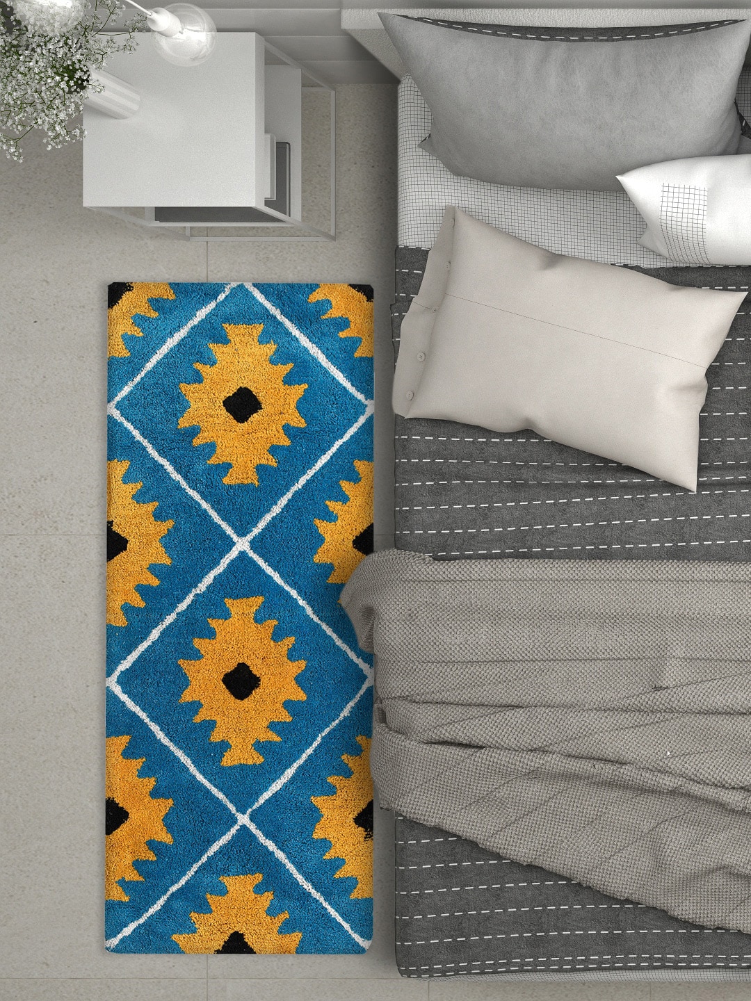 AAZEEM Blue & Yellow Geometric Hand-Tufted Floor Runner Rug Price in India