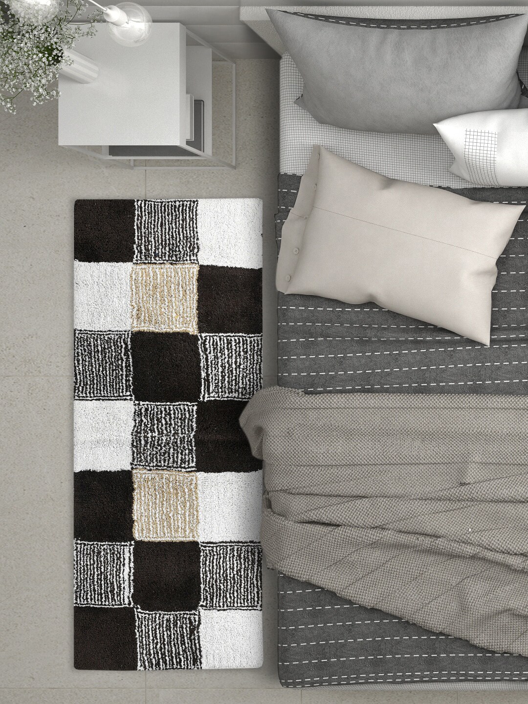 AAZEEM Brown & Grey Checked Cotton Runner Rug Price in India