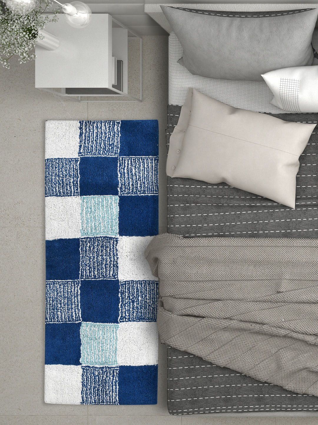AAZEEM Blue & White Checked Hand-Tufted Runner Rug Price in India