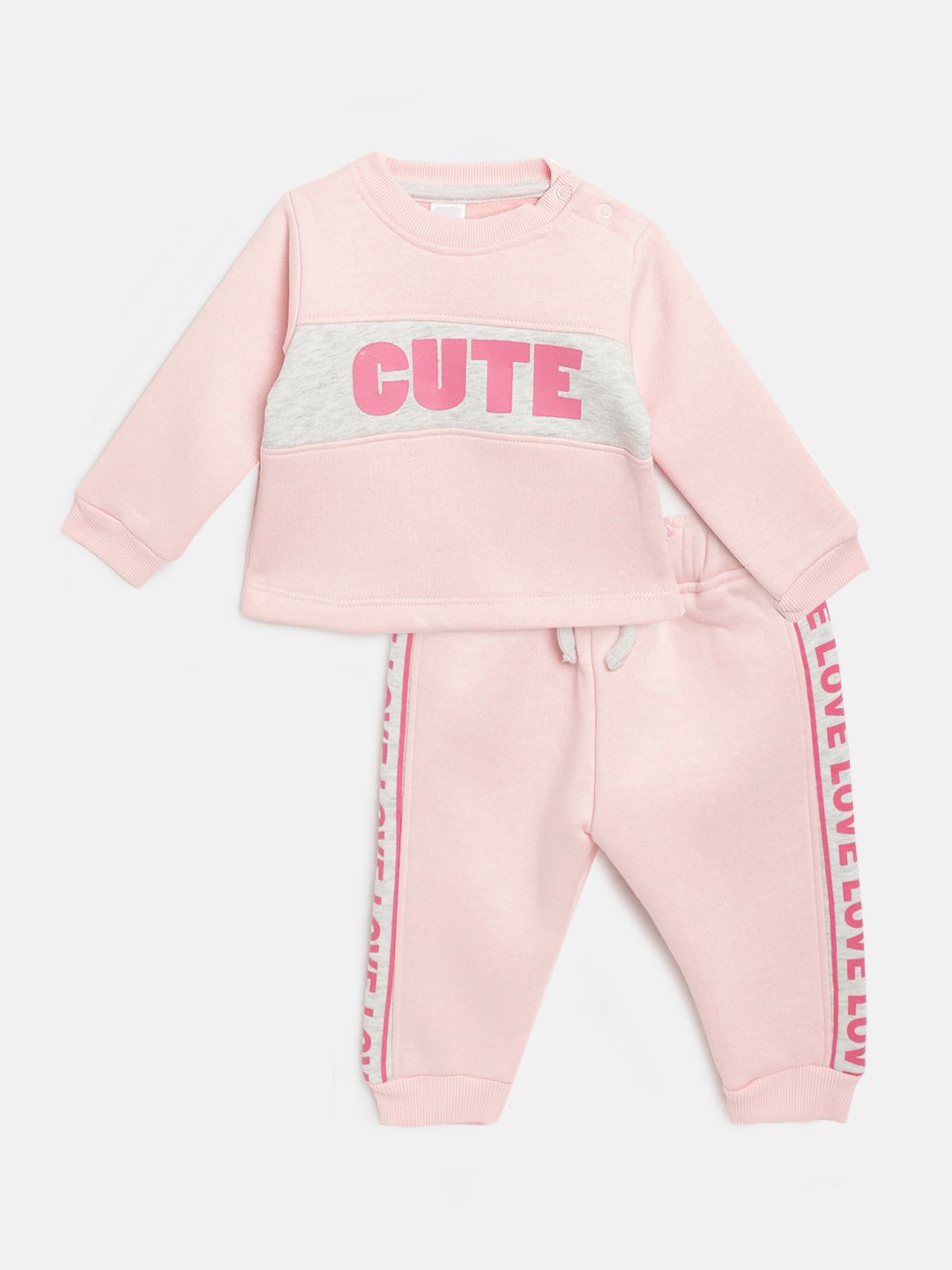 Moms Love Girls Pink & Grey Melange Cotton Printed Sweatshirt with Joggers
