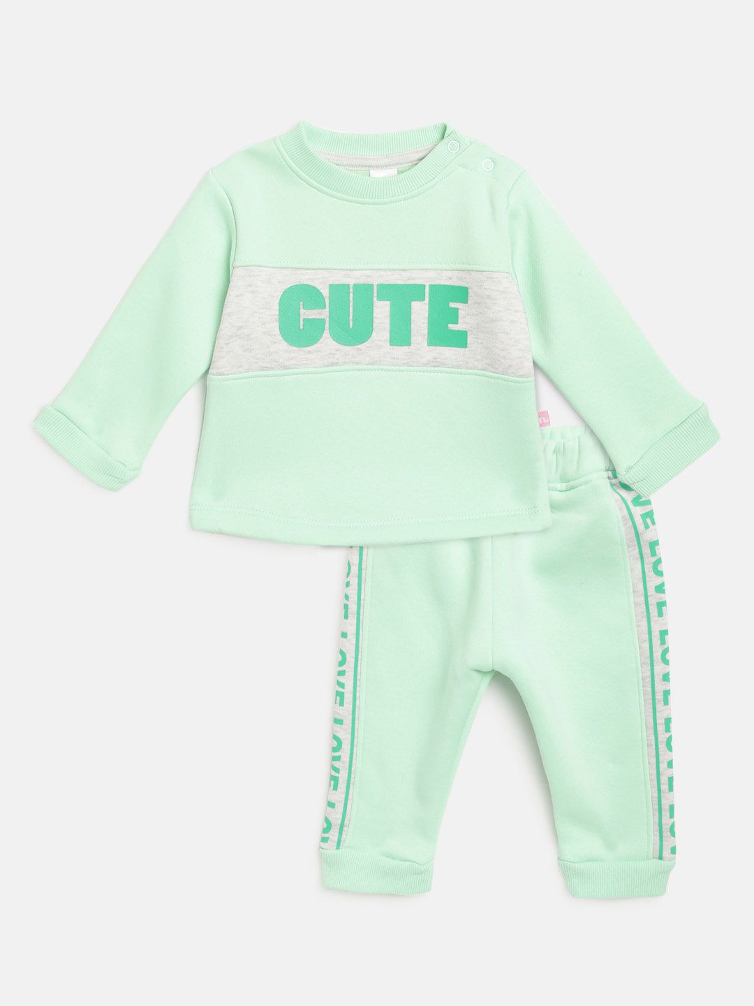 Moms Love Infant Girls Mint Green & Grey Melange Cotton Printed Sweatshirt with Joggers