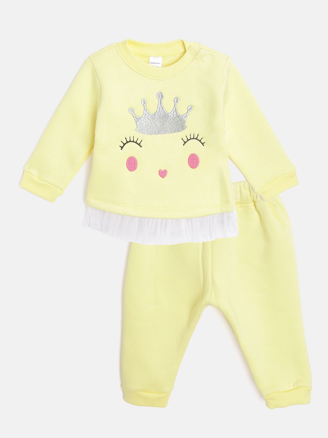 Moms Love Infant Girls Yellow Cotton Embroidered Sweatshirt with Joggers