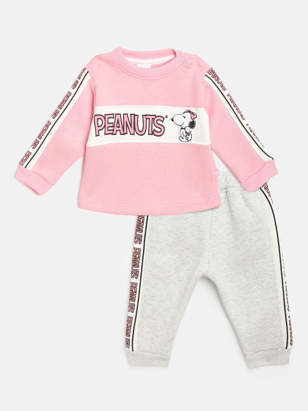 Moms Love Infant Girls Pink & Grey Melange Cotton Printed Sweatshirt with Joggers