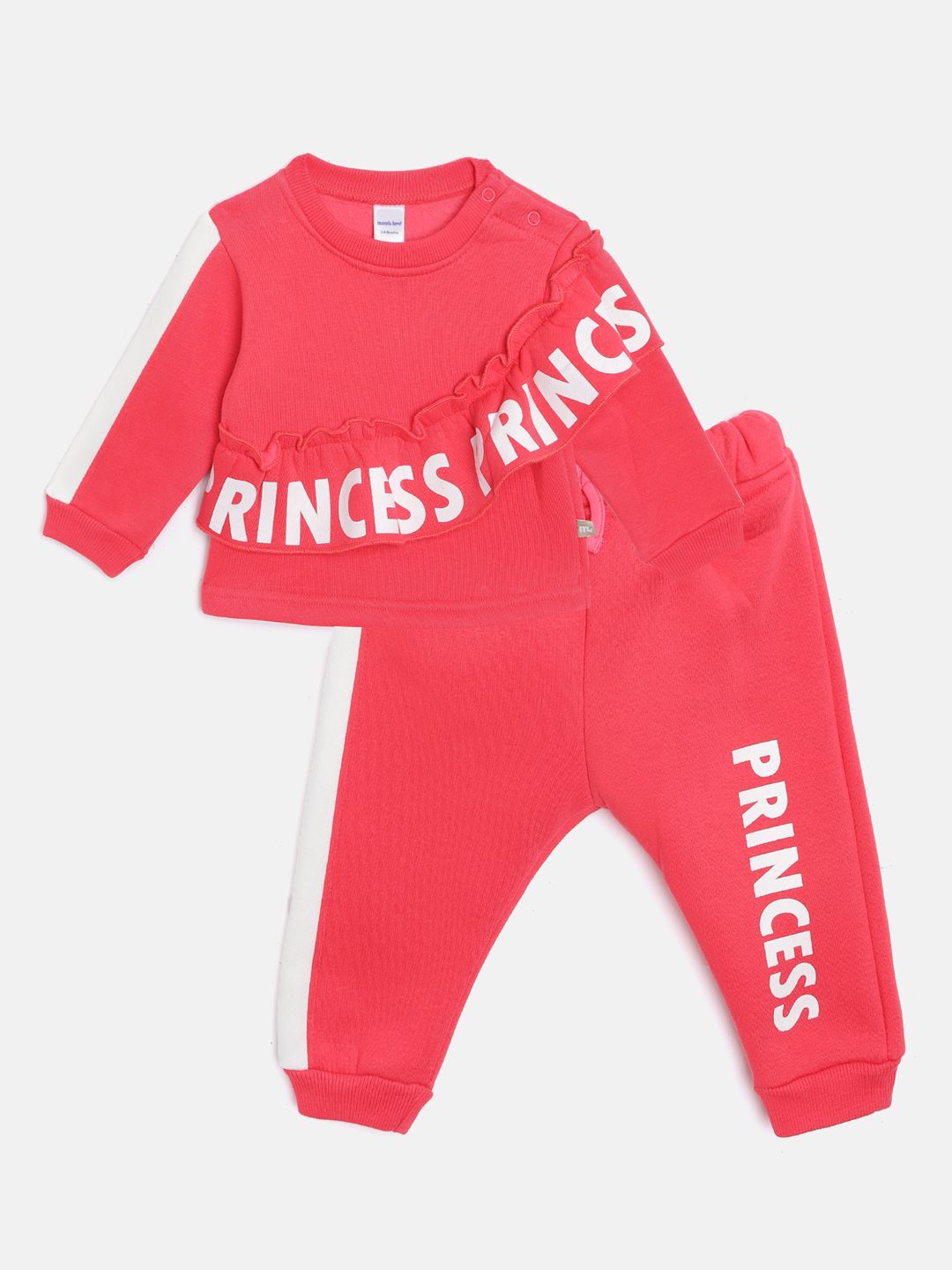 Moms Love Infant Girls Coral Pink & White Cotton Printed Sweatshirt with Joggers