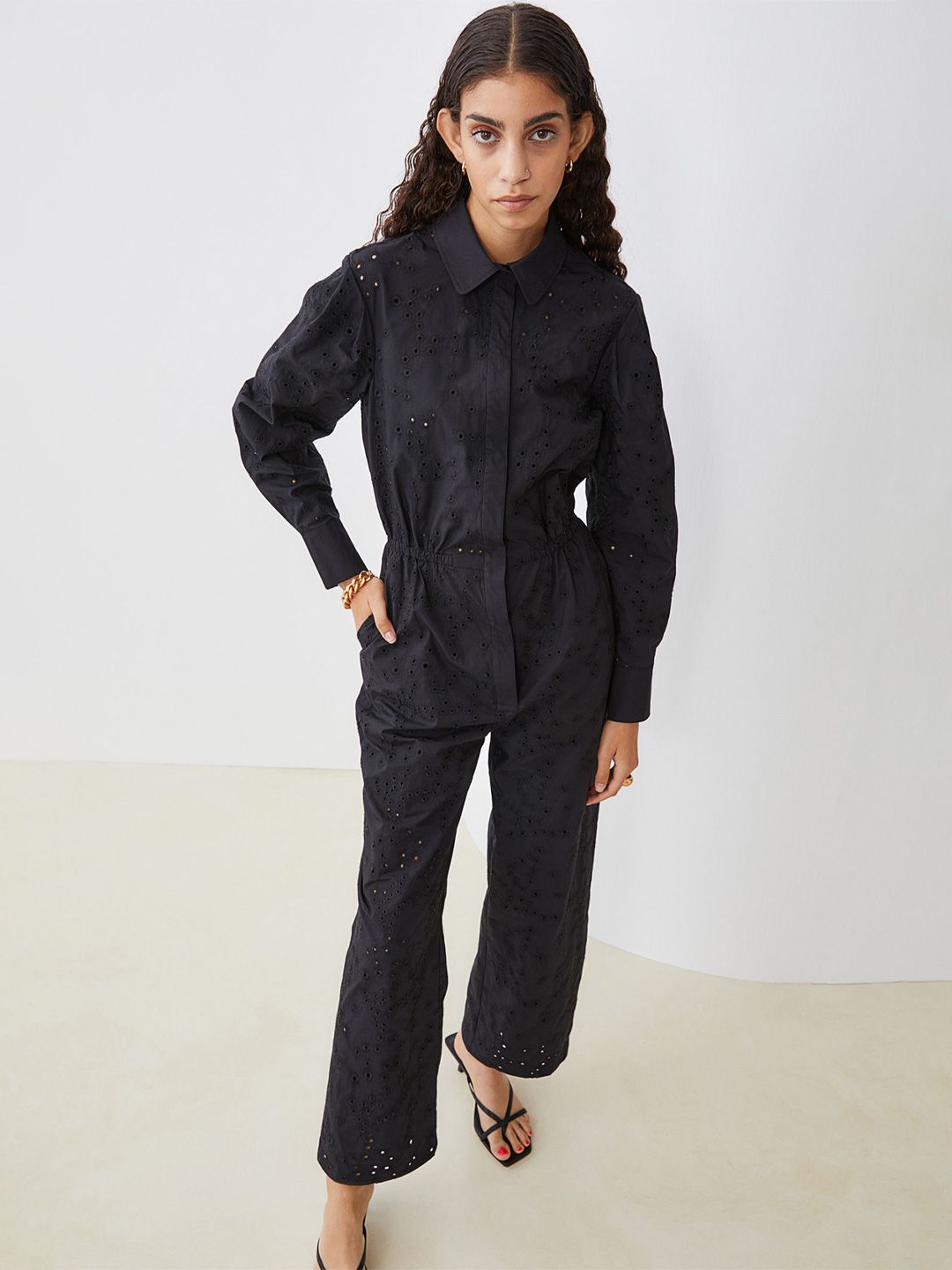 H&M Women Black Broderie Detail Jumpsuit Price in India