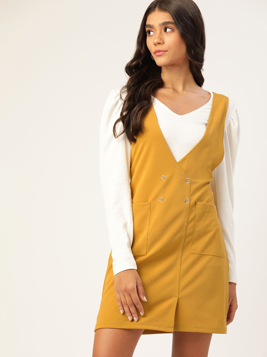 DressBerry Mustard Yellow Textured Effect Pinafore Dress Price in India