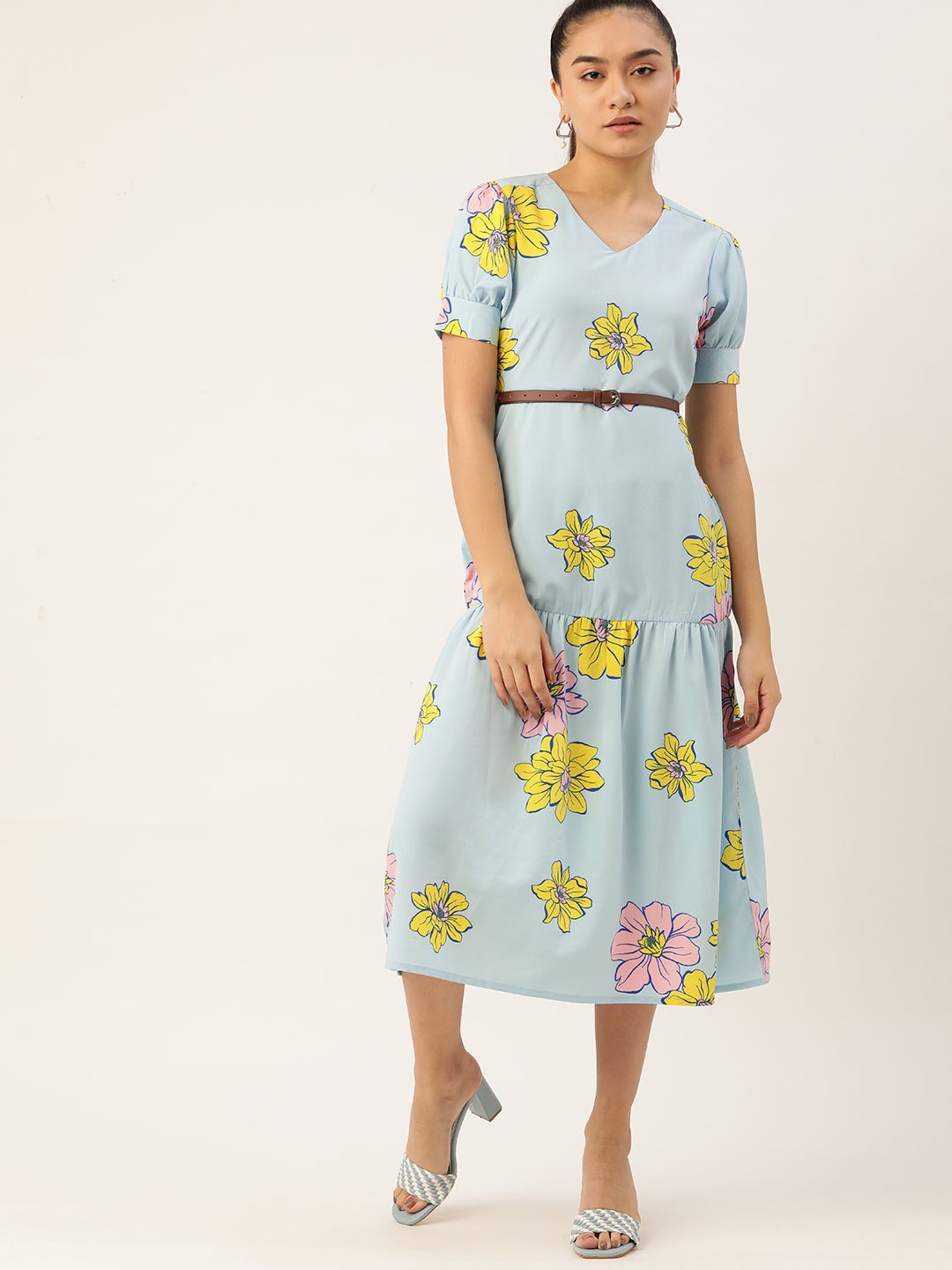 DressBerry Blue & Yellow Floral Printed A-Line Midi Dress Comes With A Belt Price in India