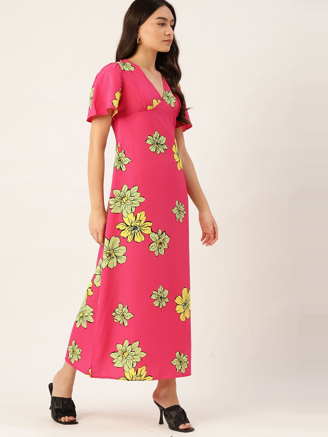 DressBerry Pink & Green Floral Print A-Line Midi Dress Price in India