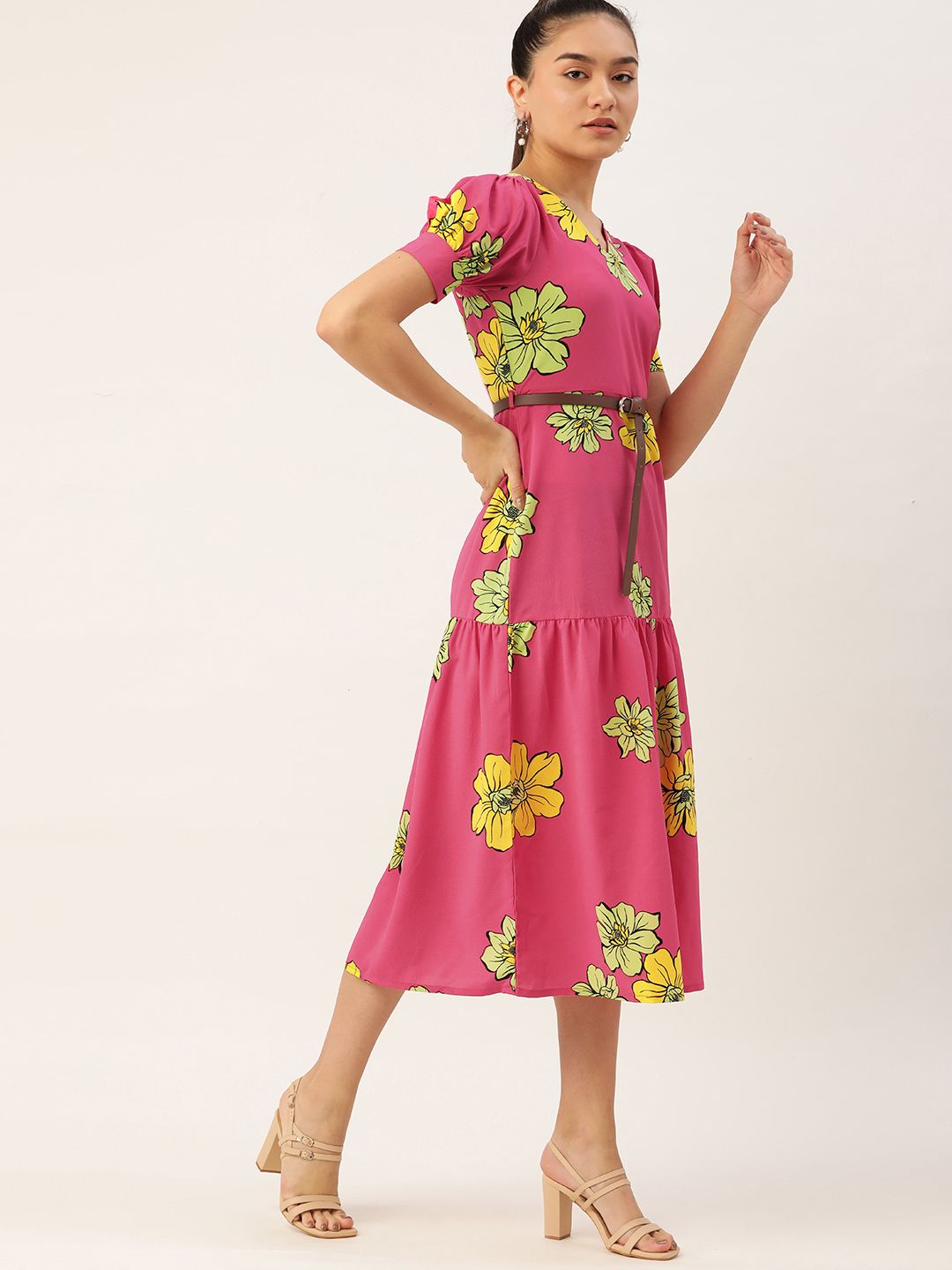 DressBerry Pink & Yellow Floral Printed A-Line Midi Dress With A Belt Price in India
