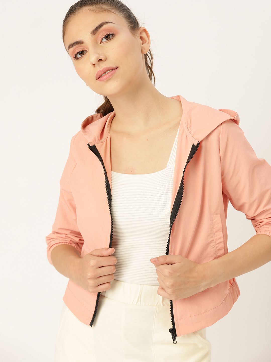 DressBerry Women Light Pink Hooded Bomber Jacket Price in India