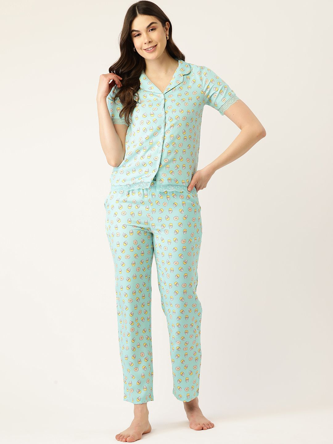 DressBerry Women Green & Yellow Printed Pyjama Set Price in India