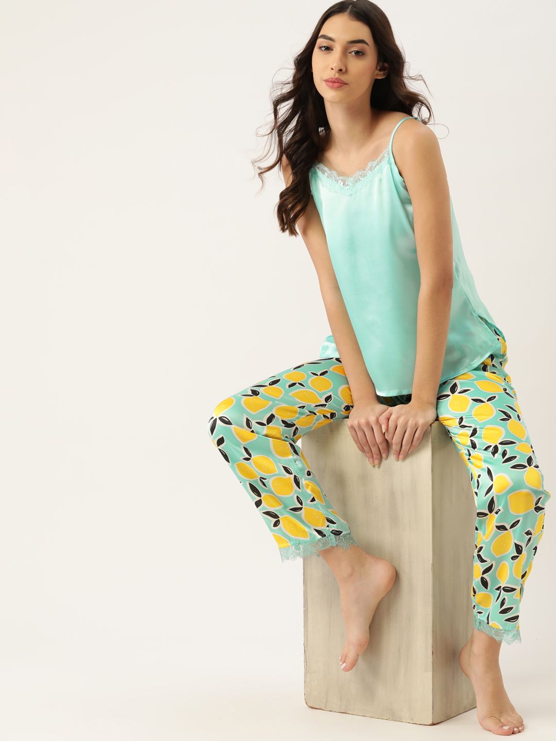DressBerry Women Sea Green & Yellow Printed Night suit Price in India