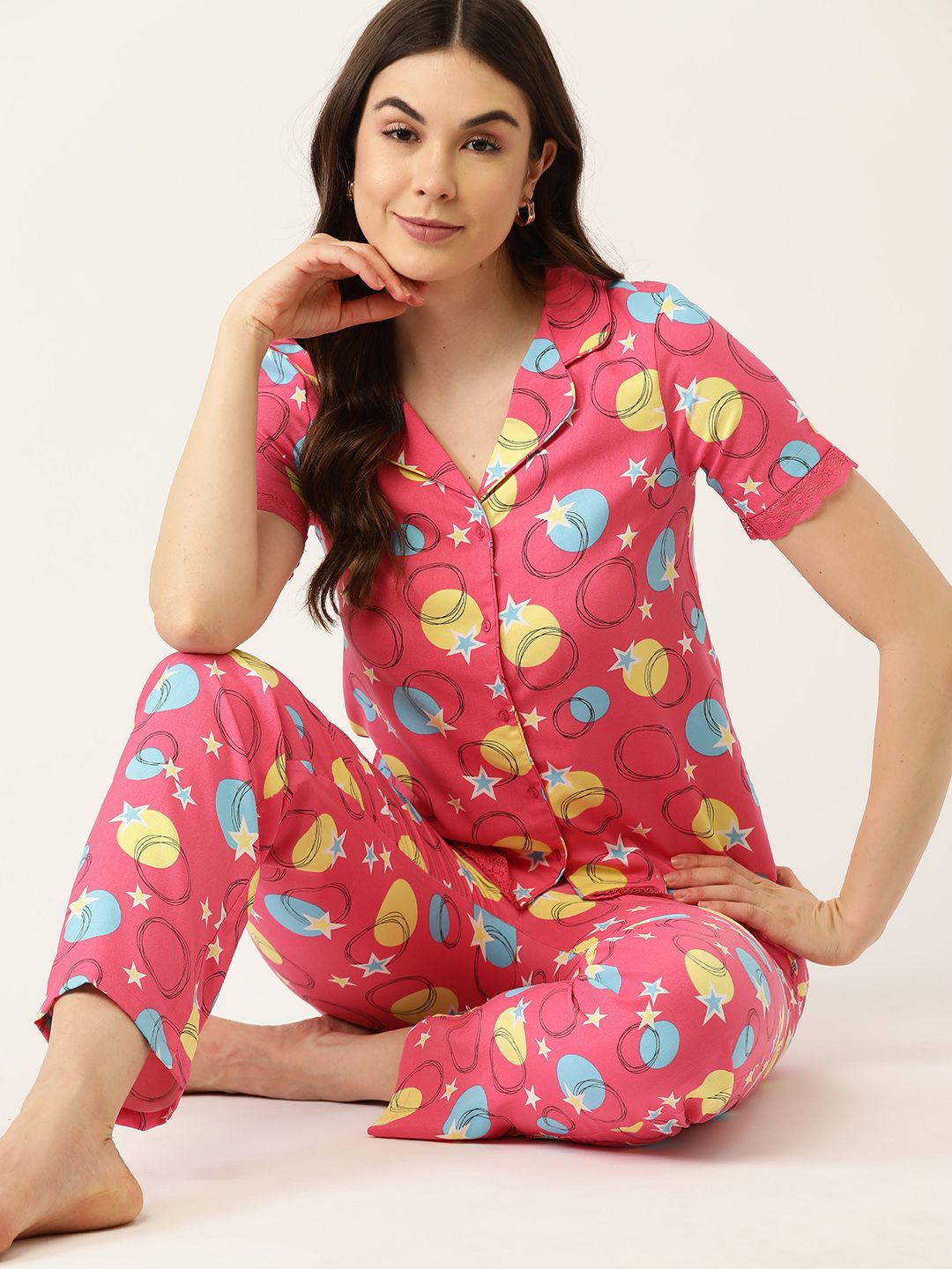 DressBerry Women Pink & Blue Printed Pajama Set Price in India