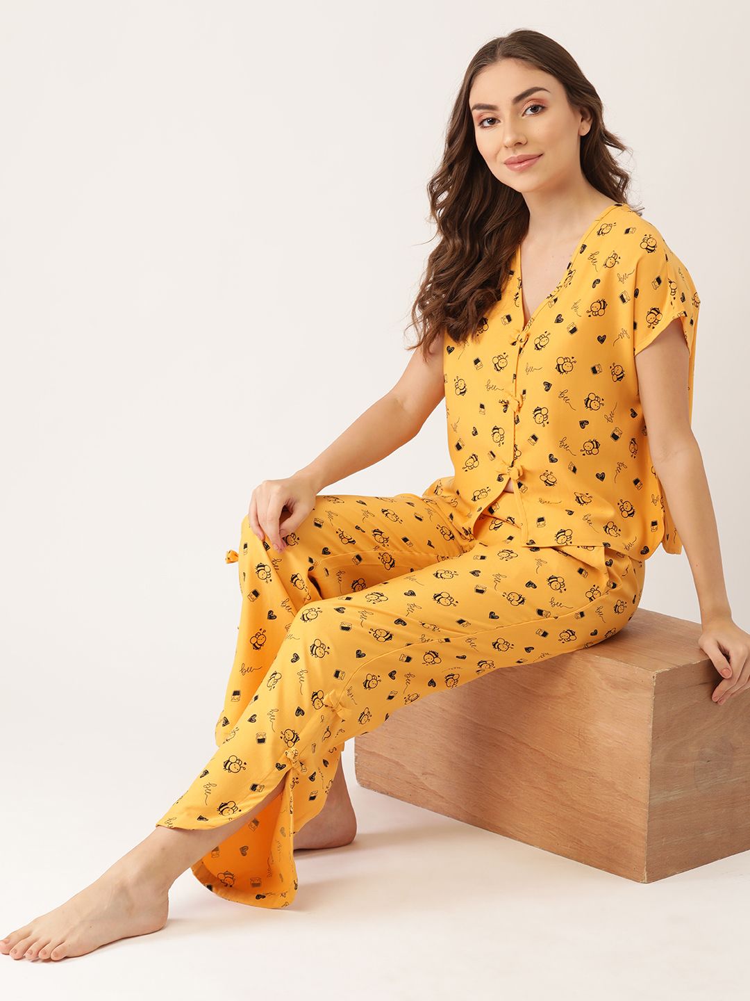 DressBerry Women Mustard Yellow & Black Conversational Print Pyjama Set Price in India