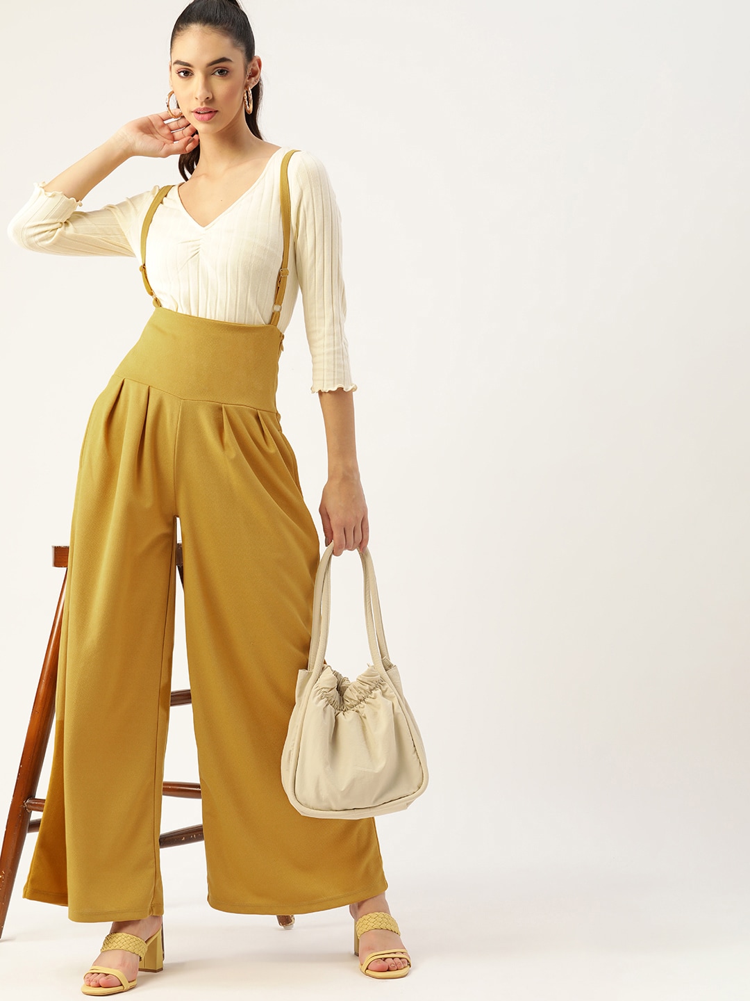 DressBerry Women Mustard Yellow High-Rise Pleated Parallel Trousers with Suspenders Price in India