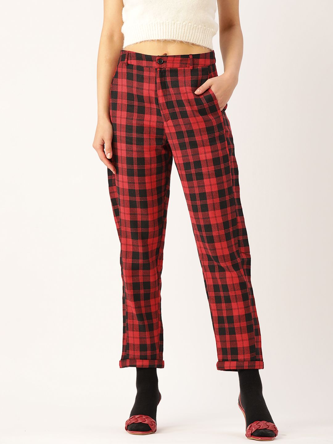 DressBerry Women Red & Black Checked Trousers Price in India