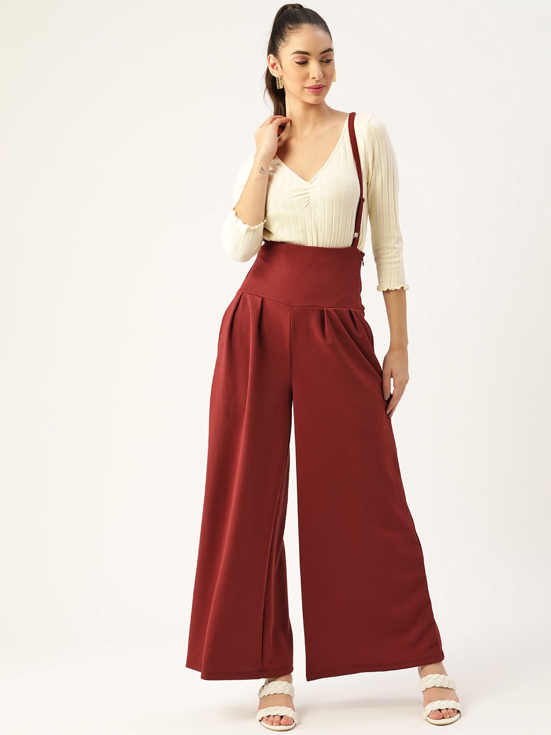 DressBerry Women Maroon High-Rise Pleated Parallel Trousers with Suspenders Price in India