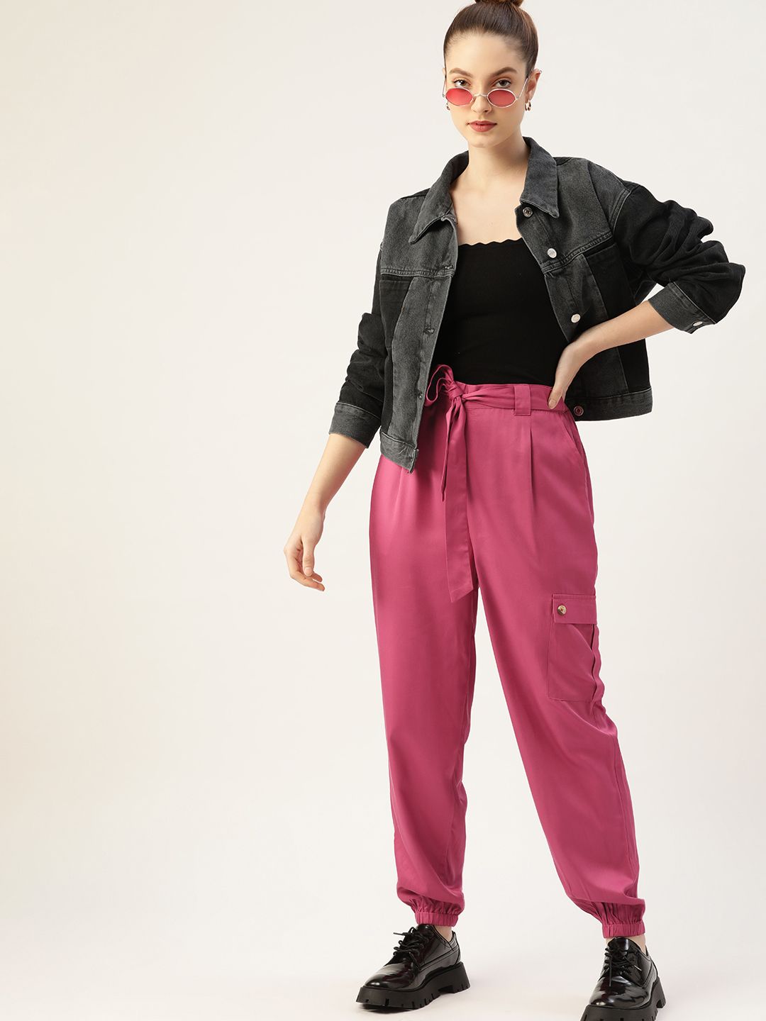 DressBerry Women Pink Solid Pleated Joggers with Belt Price in India