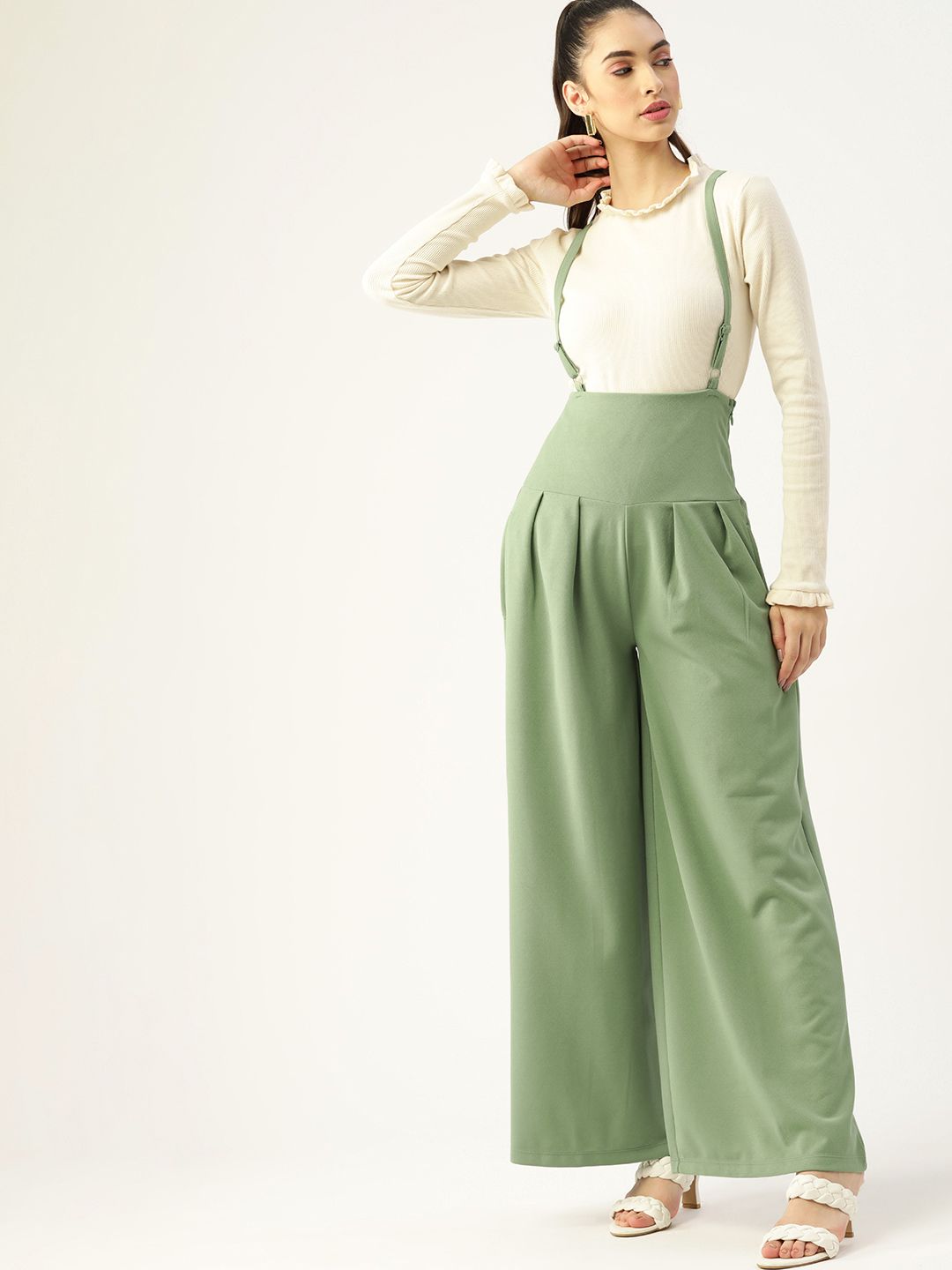 DressBerry Women Green High-Rise Pleated Parallel Trousers with Suspenders Price in India