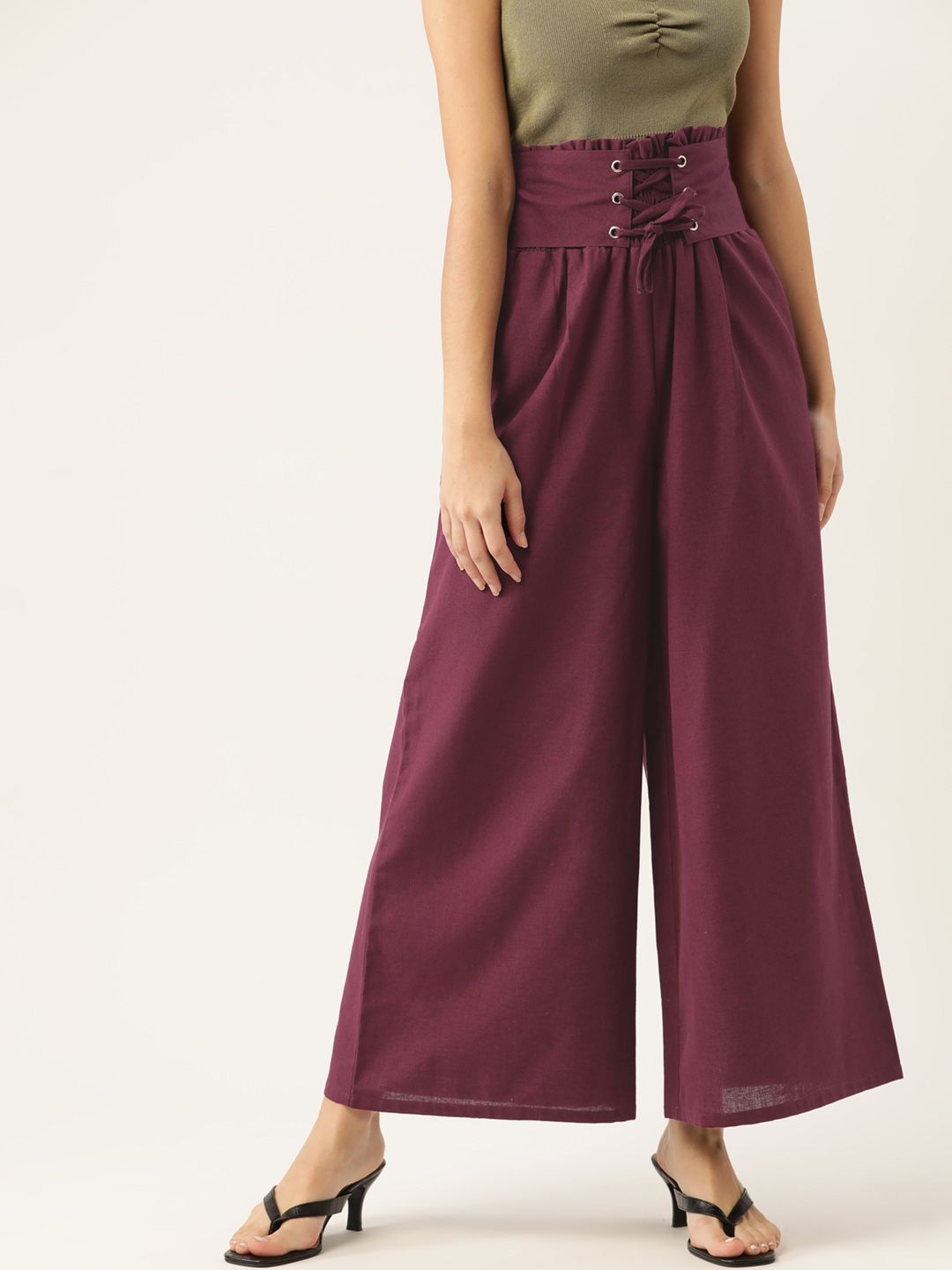 DressBerry Women Burgundy Pure Cotton Pleated Wide Trousers Price in India