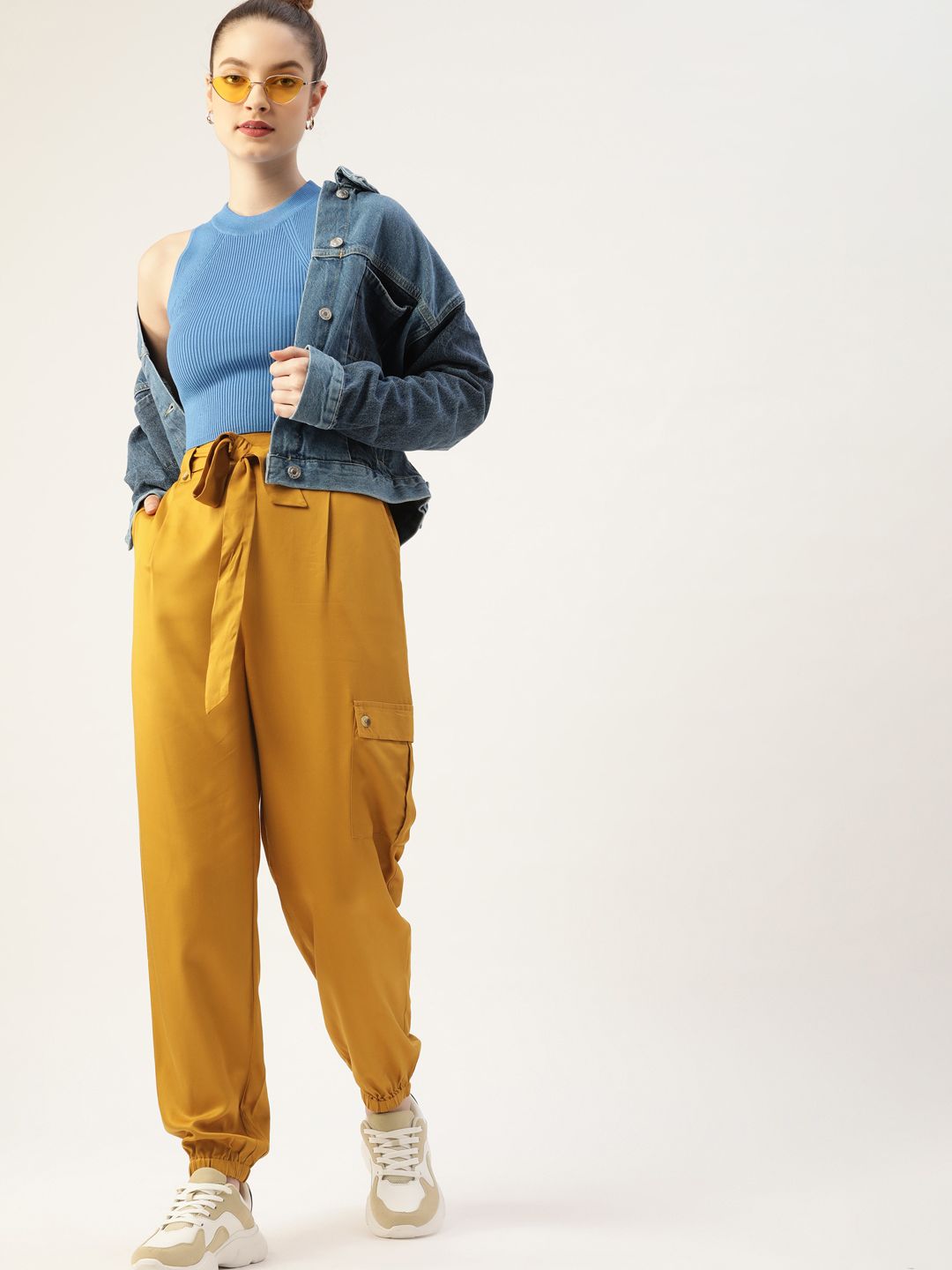 DressBerry Women Mustard Yellow Solid Pleated Joggers with Belt Price in India