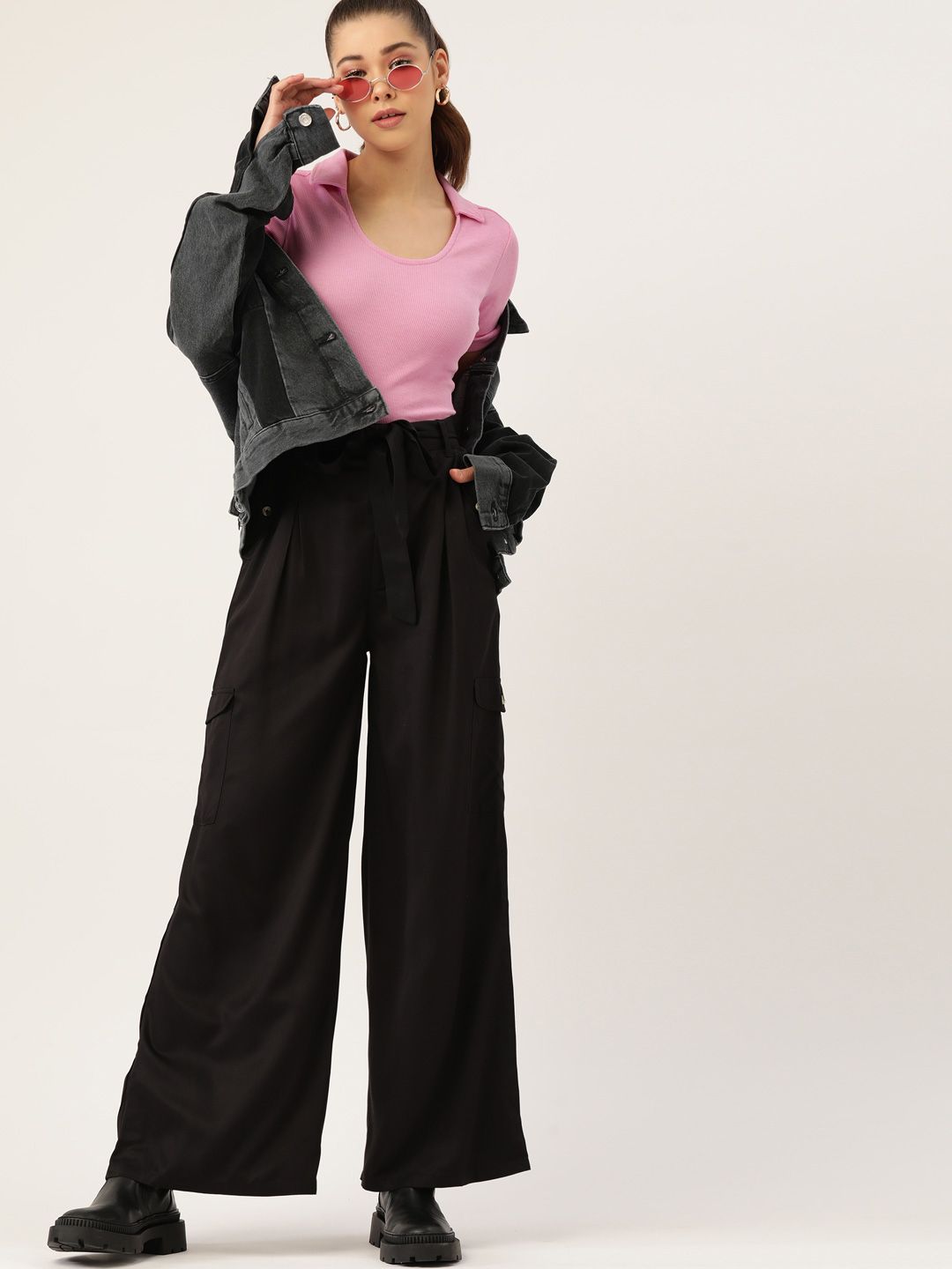 DressBerry Women Black Flared Pleated Trousers with Belt Price in India