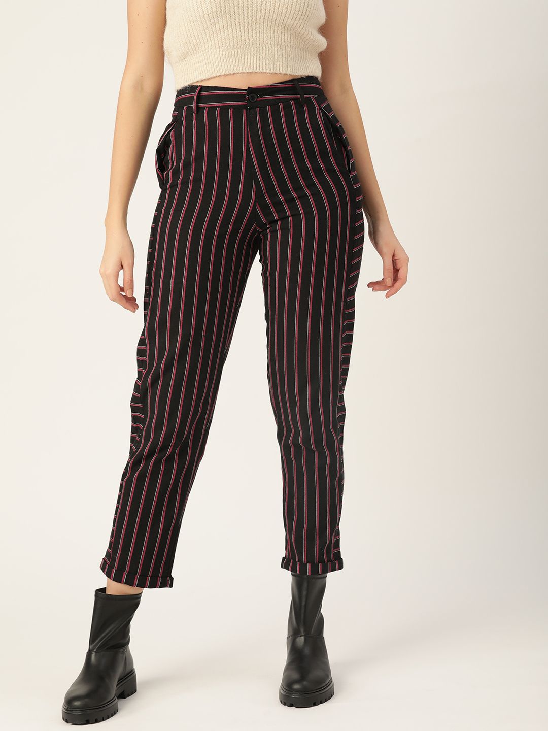 DressBerry Women Black and Pink Striped Trousers Price in India
