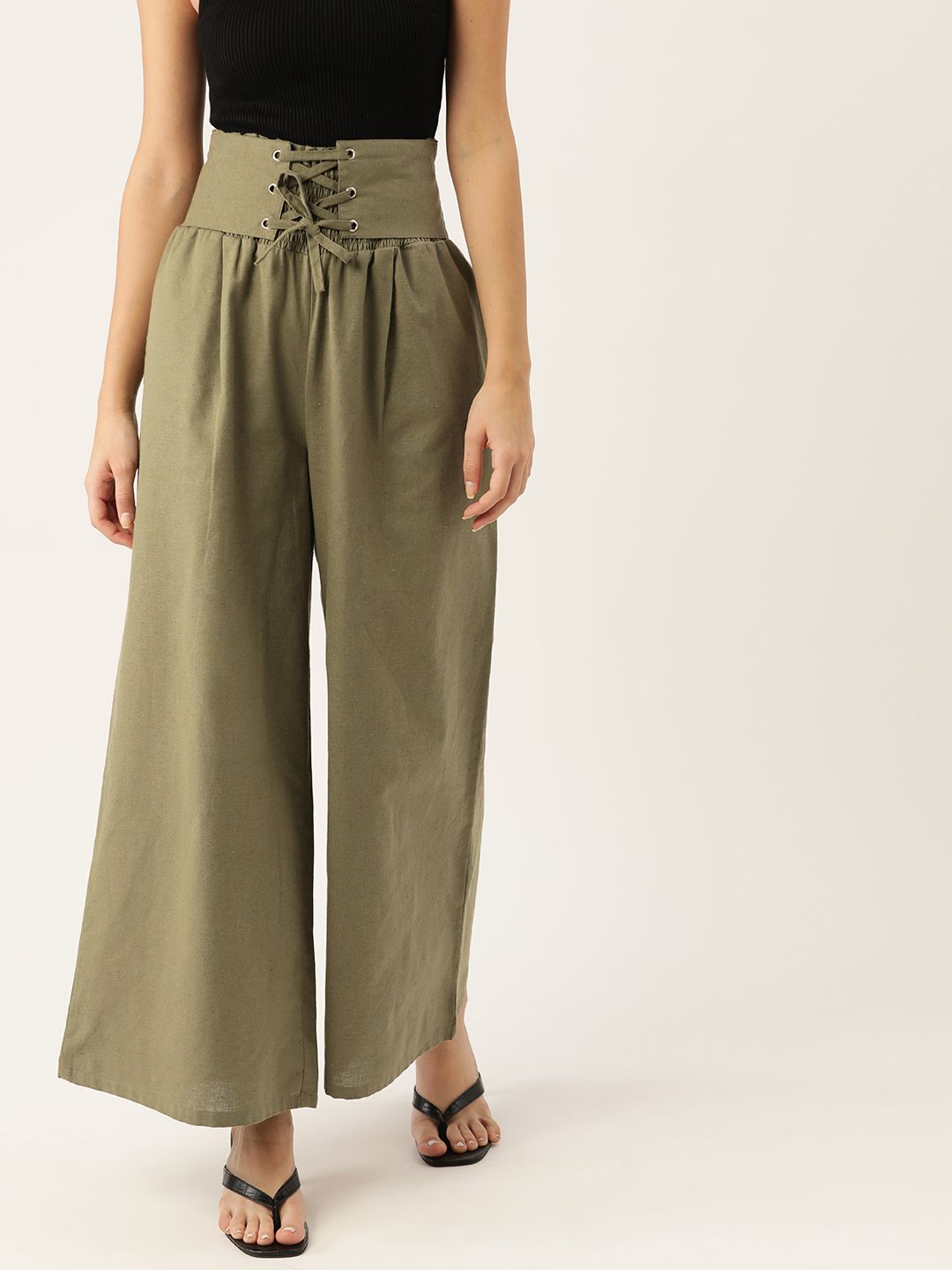 DressBerry Women Olive Green Pure Cotton Pleated Wide Trousers Price in India