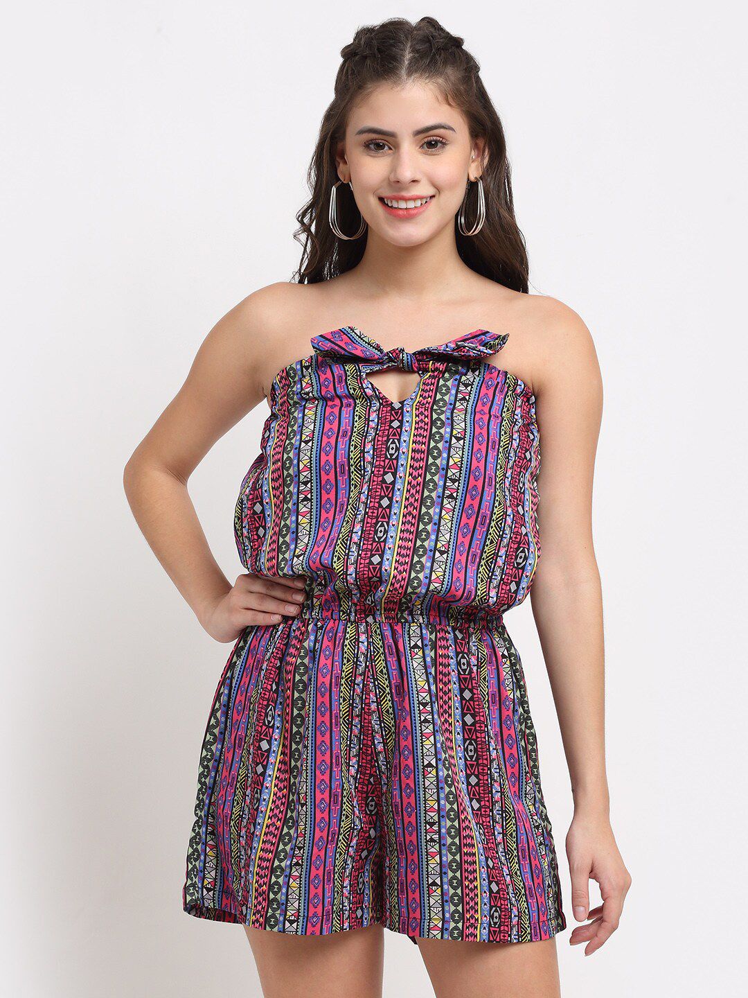 NEUDIS Multicoloured Strapless Printed Playsuit Price in India