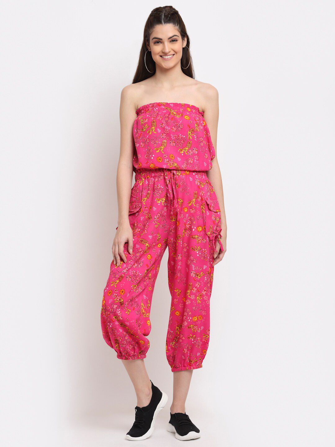 NEUDIS Pink & Yellow Strapless Printed Basic Jumpsuit Price in India