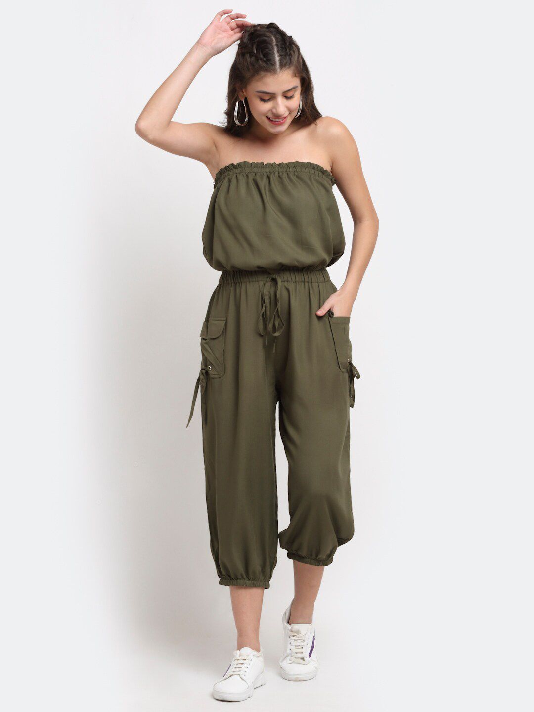 NEUDIS Women Olive Green Solid Basic Jumpsuit Price in India