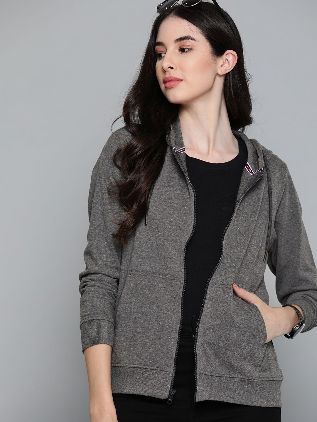 Harvard Women Charcoal Grey Hooded Sweatshirt Price in India